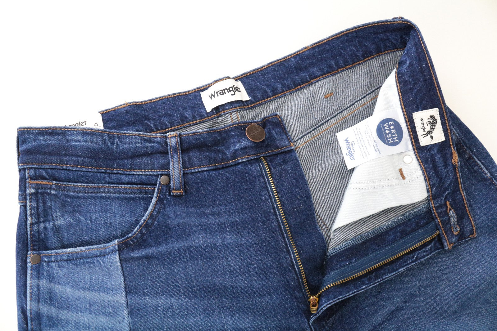 WRANGLER Redding vyriški džinsai W32/L32 tiesaus kirpimo su lopais mėlynos medvilnės 