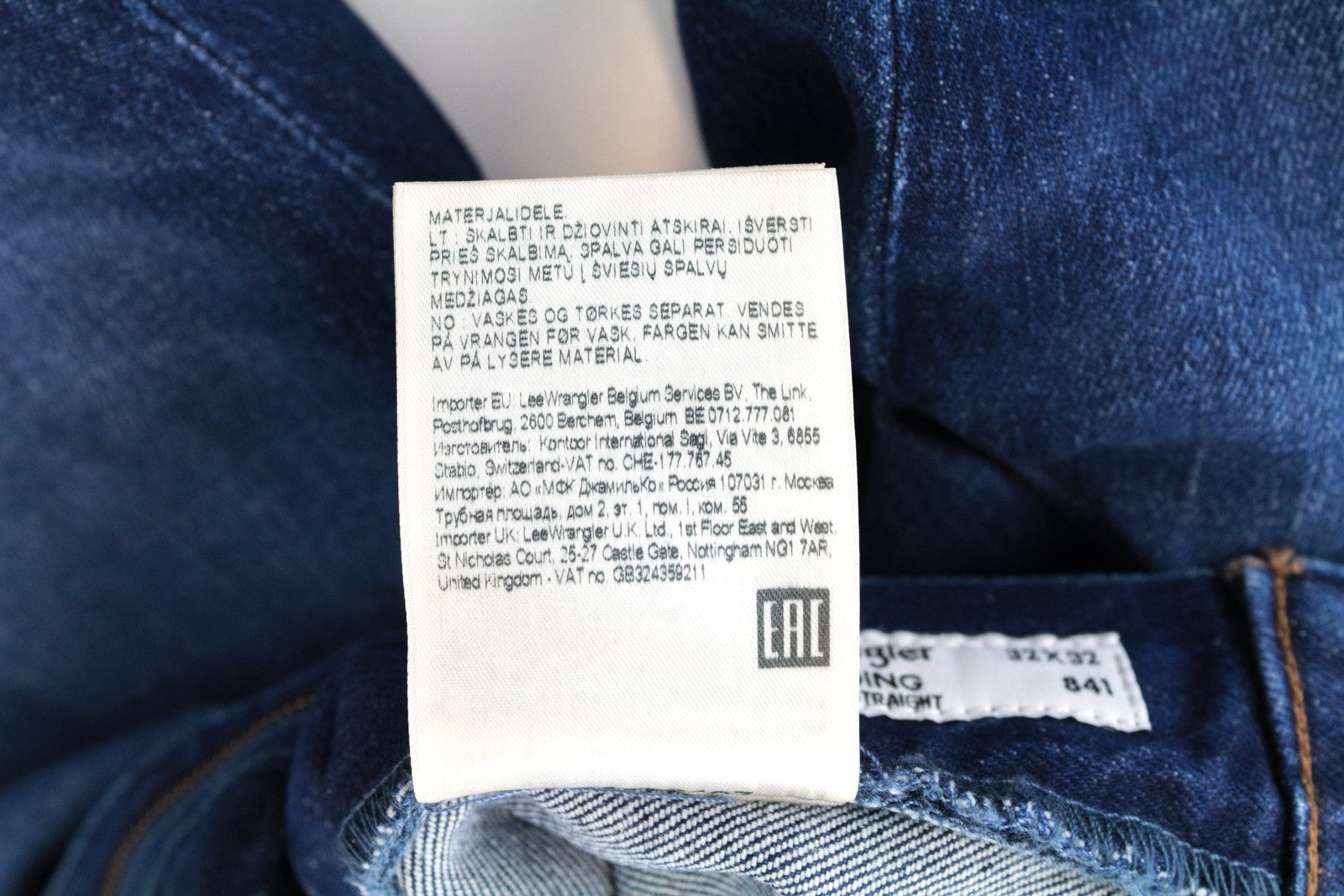 WRANGLER Redding vyriški džinsai W32/L32 tiesaus kirpimo su lopais mėlynos medvilnės 