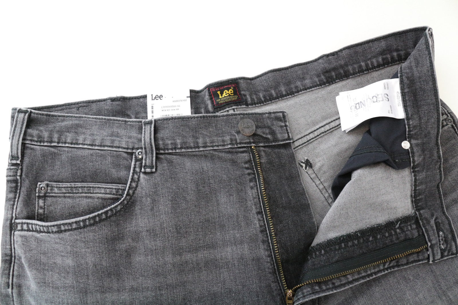 LEE Rider vyriški džinsai W38/L32 Slim Fit pilki medvilniniai skalbto tampraus džinso audiniai 