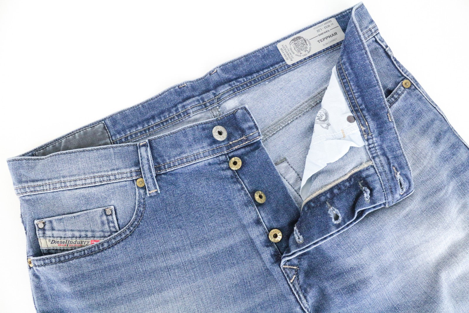 DIESEL Tepphar 0842H vyriški džinsai W33/L32 Slim Carrot Fit mėlyni tamprūs medvilniniai džinsai 