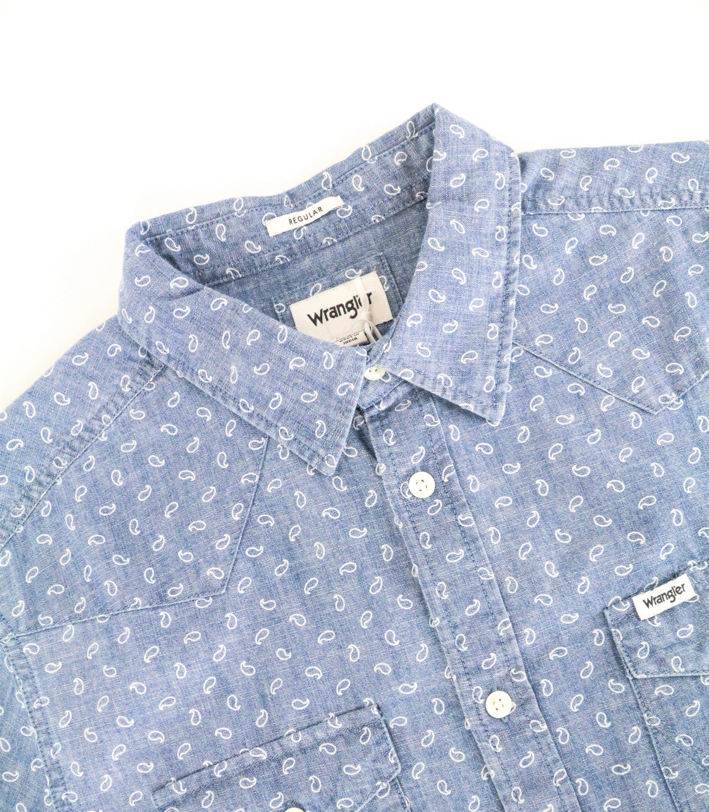 WRANGLER vyriški marškinėliai M mėlyni medvilniniai Paisley rašto ilgo ilgio marškinėliai su sagomis