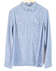 WRANGLER vyriški marškinėliai M mėlyni medvilniniai Paisley rašto ilgo ilgio marškinėliai su sagomis