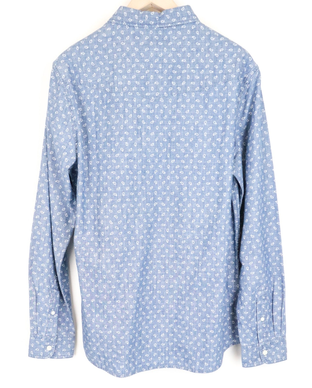 WRANGLER vyriški marškinėliai M mėlyni medvilniniai Paisley rašto ilgo ilgio marškinėliai su sagomis