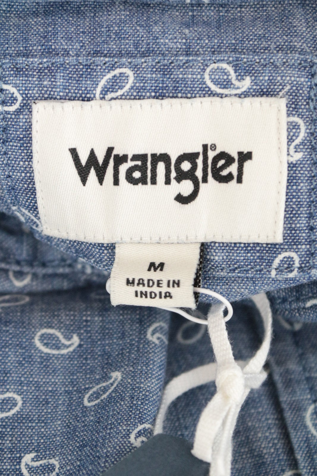 WRANGLER vyriški marškinėliai M mėlyni medvilniniai Paisley rašto ilgo ilgio marškinėliai su sagomis