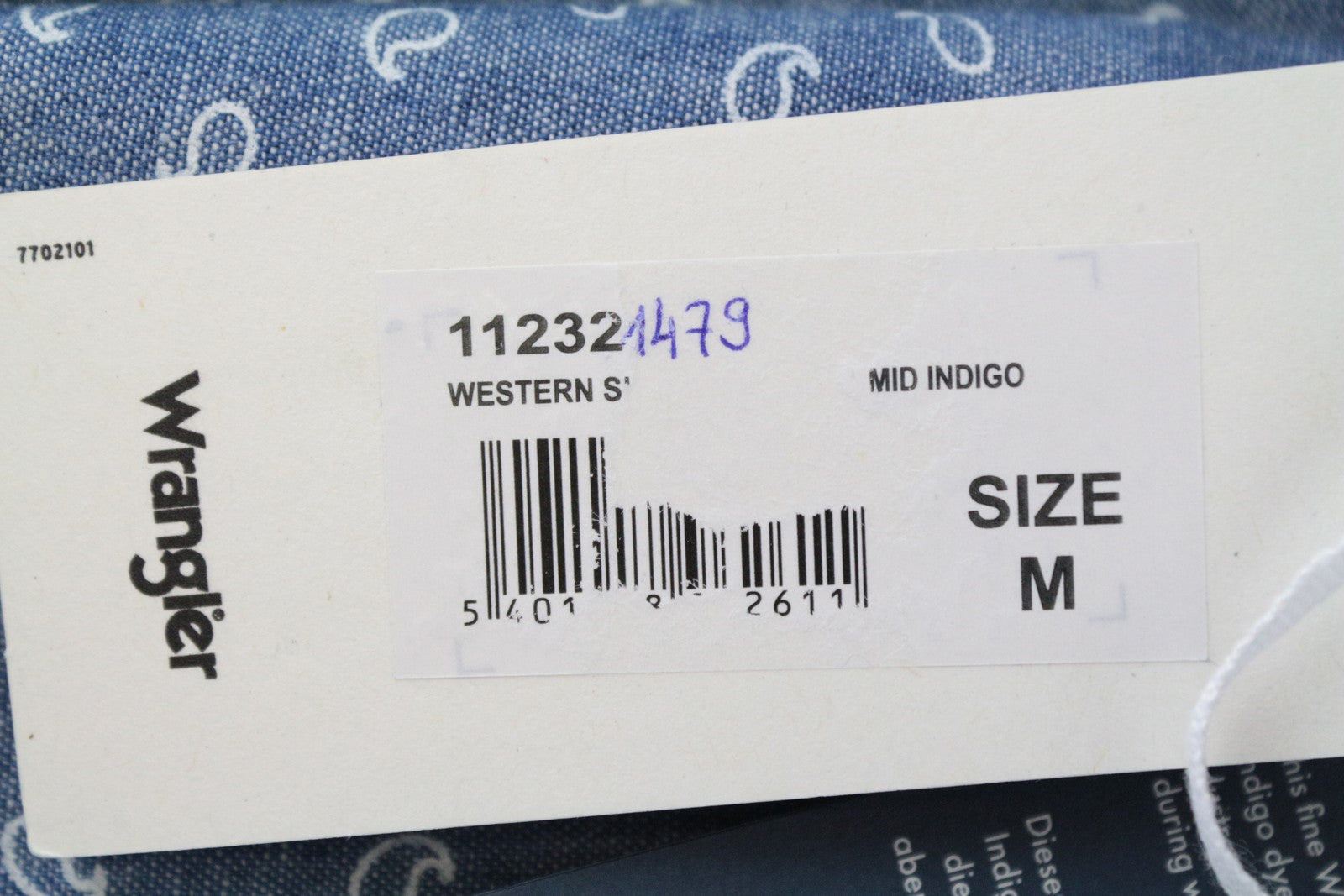 WRANGLER vyriški marškinėliai M mėlyni medvilniniai Paisley rašto ilgo ilgio marškinėliai su sagomis