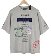 DIESEL T-Balm-B2 vyriški marškinėliai pilki melanžo spalvos, dideli raštuoti, rekomenduojama kaina – 125 € 