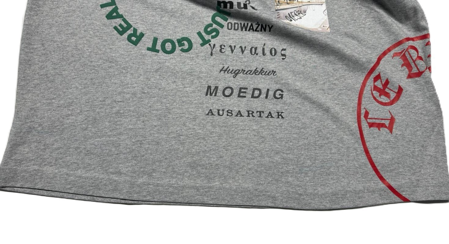 DIESEL T-Balm-B2 vyriški marškinėliai pilki melanžo spalvos, dideli raštuoti, rekomenduojama kaina – 125 € 