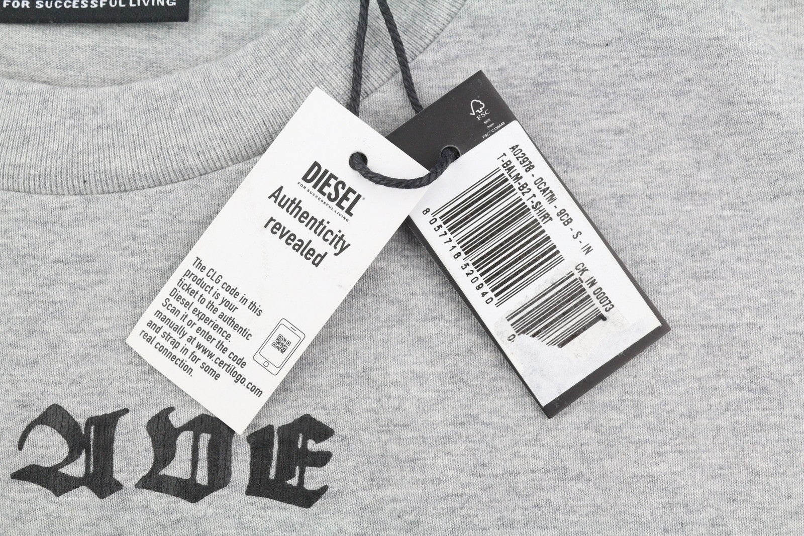 DIESEL T-Balm-B2 vyriški marškinėliai S dydžio pilki melanžo spalvos, dideli raštuoti, rekomenduojama kaina – 125 € 