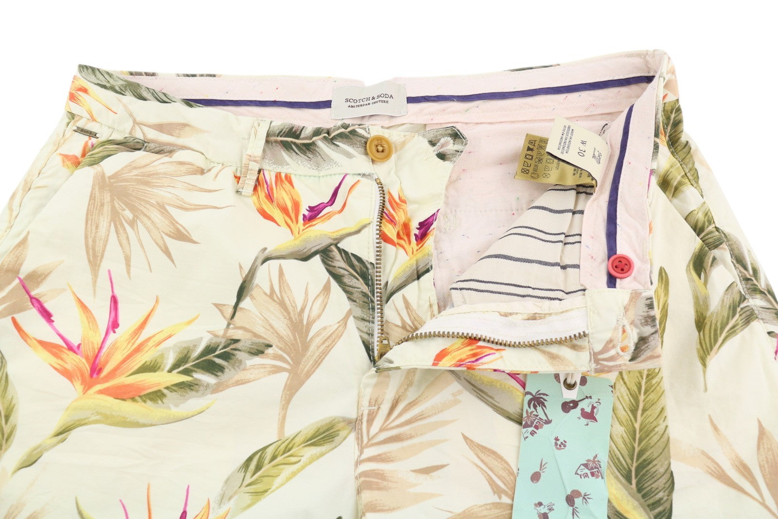 SCOTCH & SODA Men Shorts W30 Chino Colourful Leaf Pattern Pockets Casual