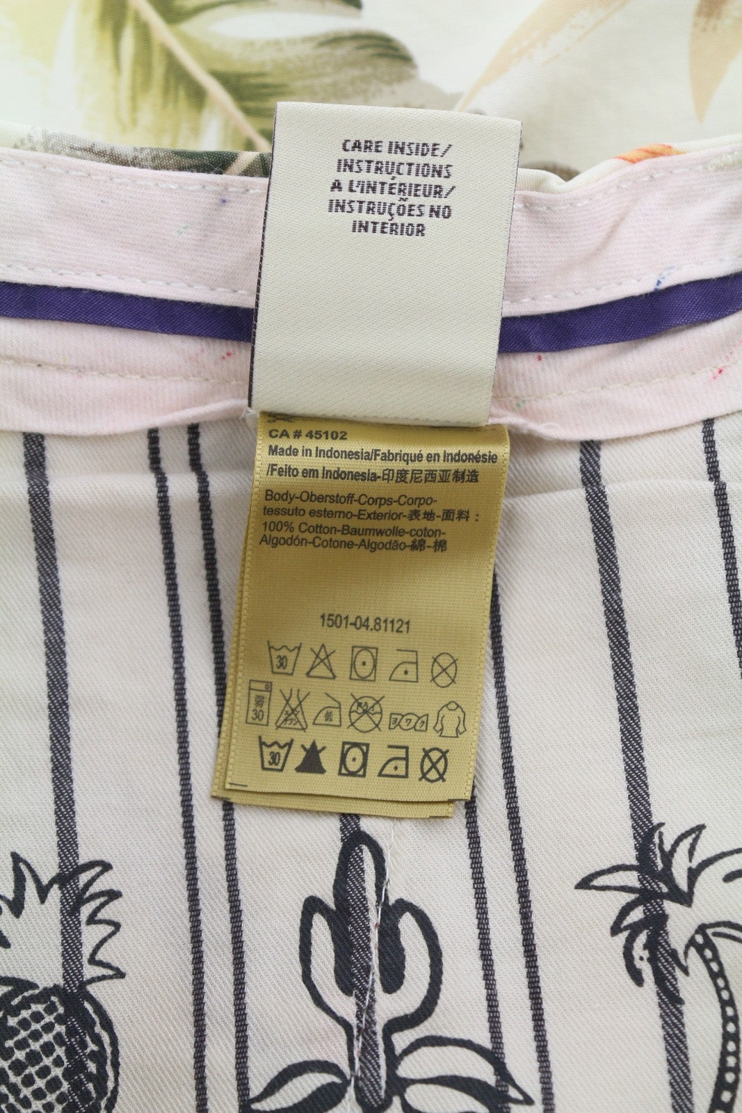 SCOTCH &amp; SODA vyriški šortai W32 Chino su spalvingais lapų raštais, kišenėmis, užtrauktuku, laisvalaikio stiliaus.