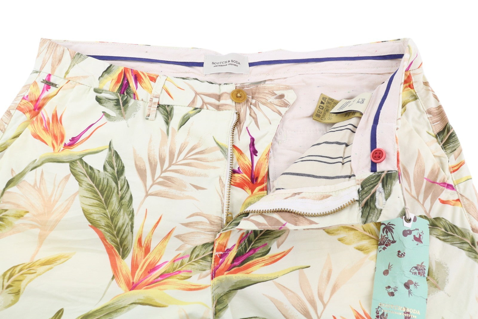 SCOTCH &amp; SODA vyriški šortai W32 Chino su spalvingais lapų raštais, kišenėmis, užtrauktuku, laisvalaikio stiliaus.