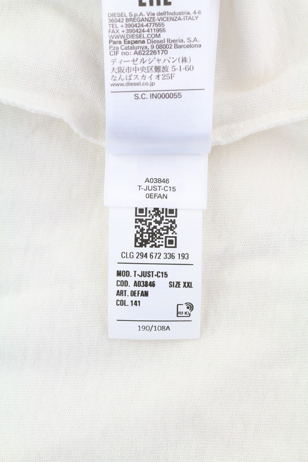 DIESEL T-Just-C15 vyriški marškinėliai, 2XL, balti, tamprūs, apvalios iškirptės, trumpomis rankovėmis. 