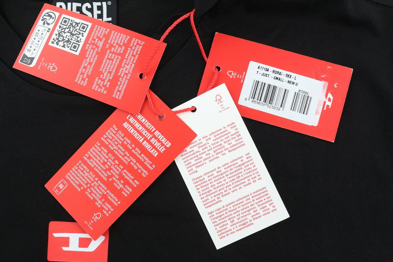 DIESEL T-Just-Small-New D Logo vyriški marškinėliai, L dydžio, juodi, rūšiuotos rankovės, trikotažo logotipas priekyje 