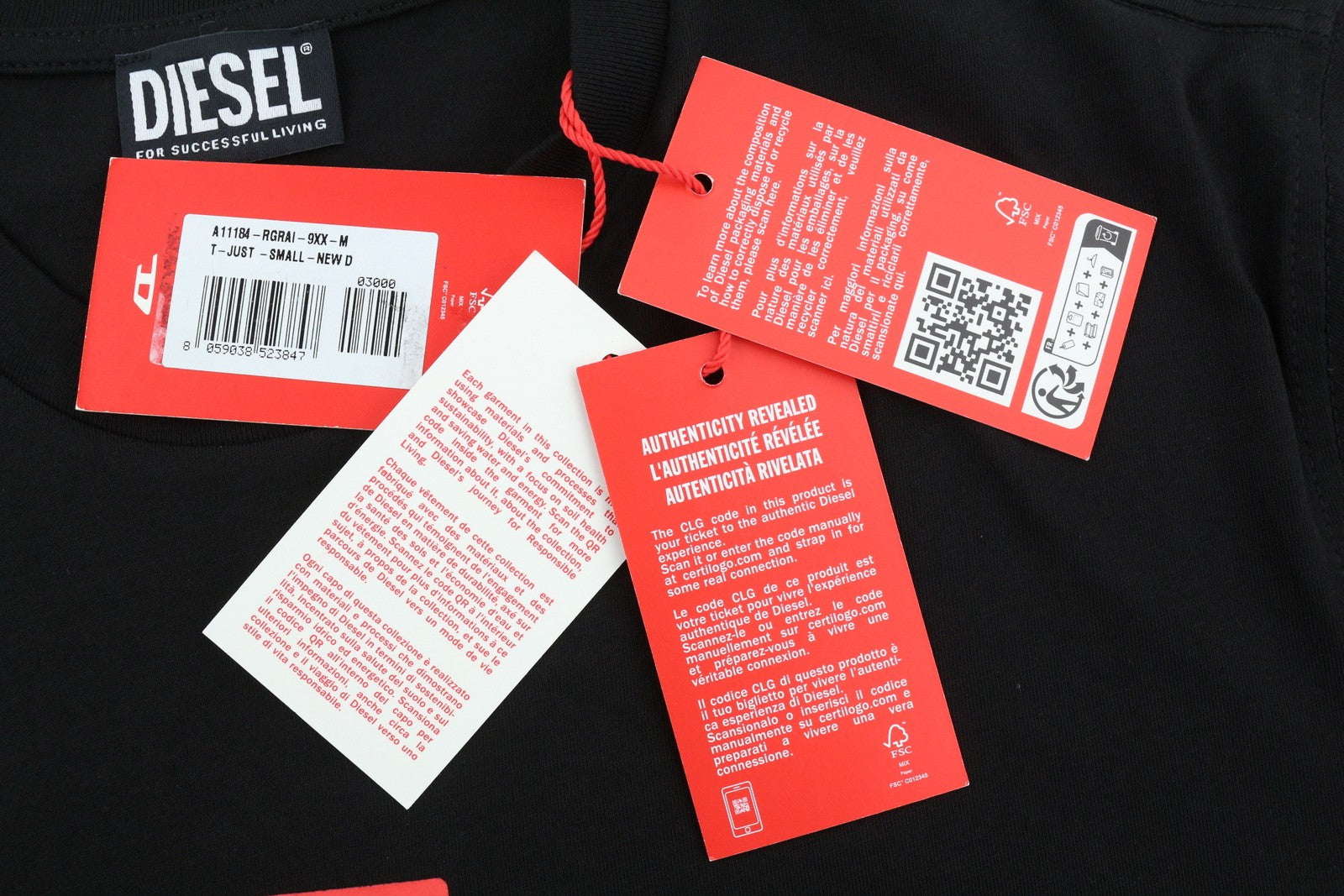 DIESEL T-Just-Small-New D Logo vyriški marškinėliai M juodi rūšiuotos rankovės trikotažo logotipas priekyje 