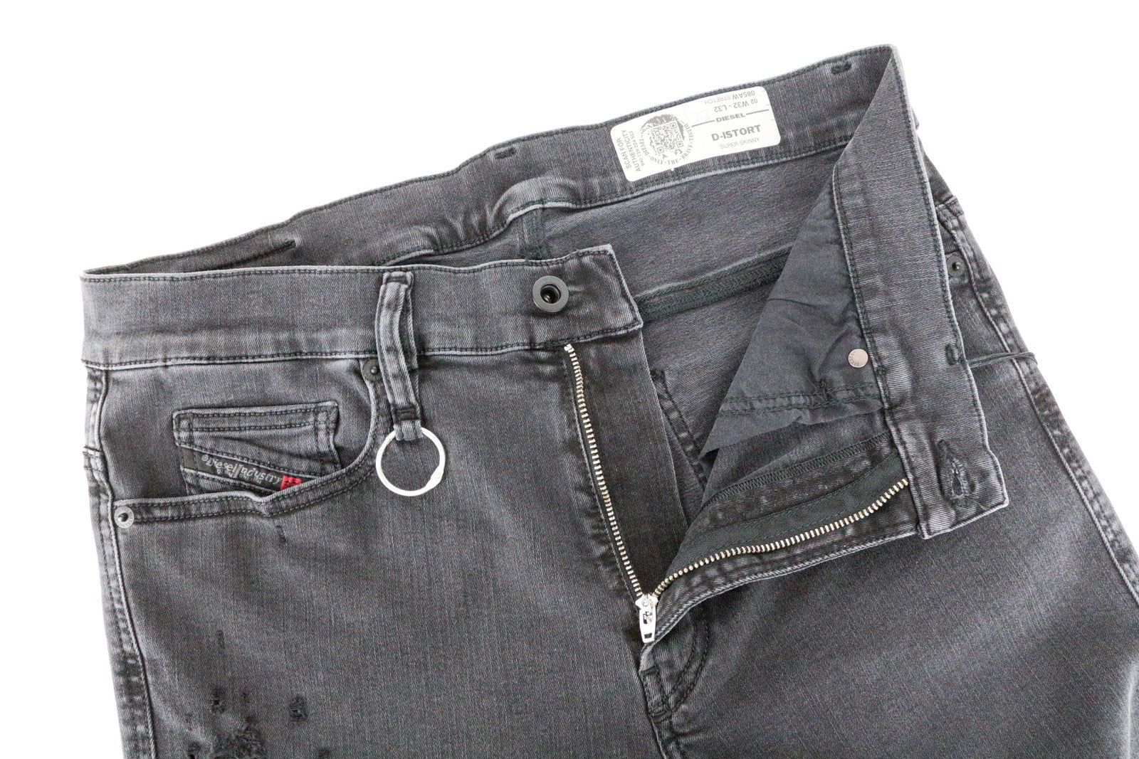 DIESEL D-Istort 085AW vyriški džinsai W32/L32 plėšyti pilki, itin aptempti, tamprūs. 