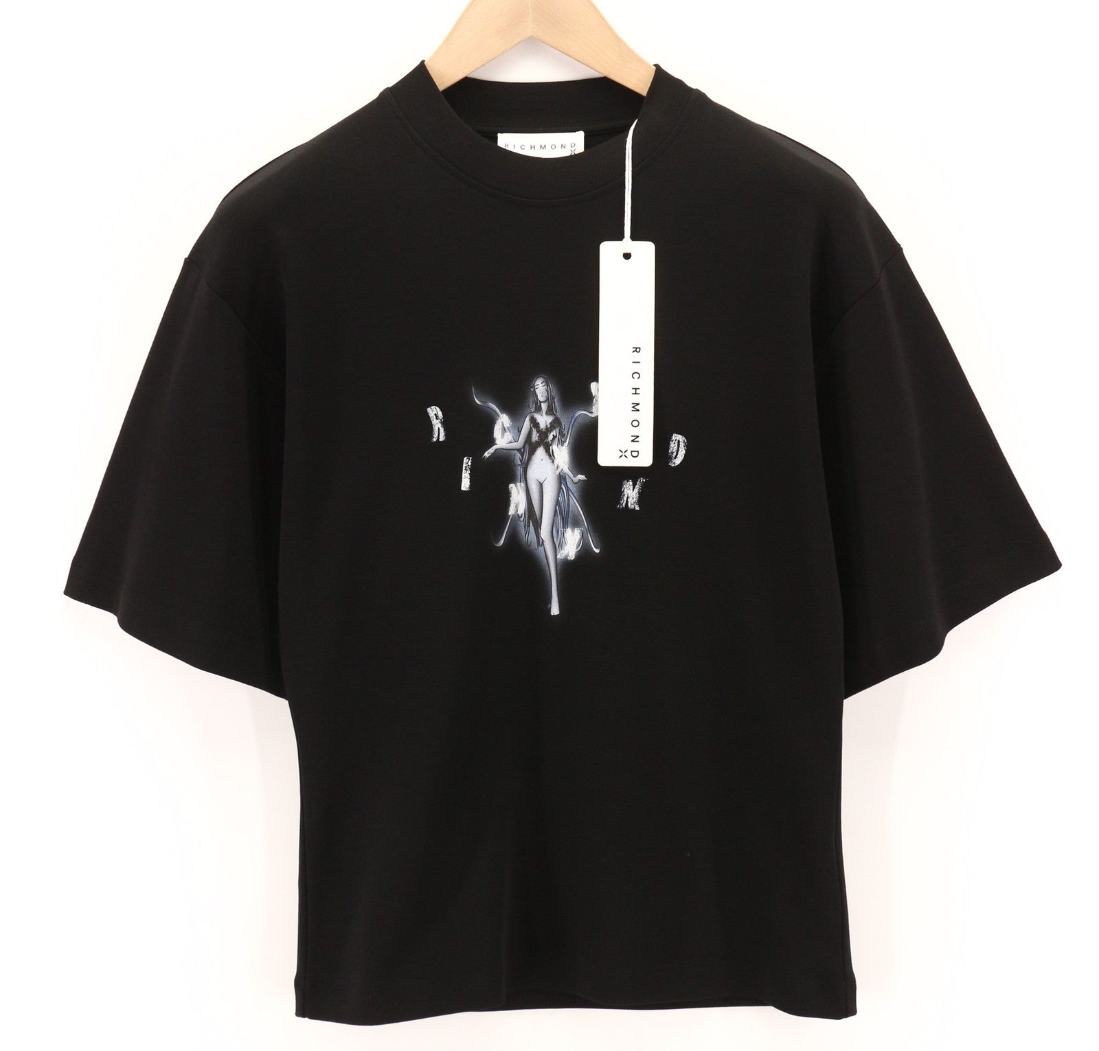 RICHMOND moteriški marškinėliai S, juodi, laisvo laiko apvalios iškirptės rašto, tamprūs