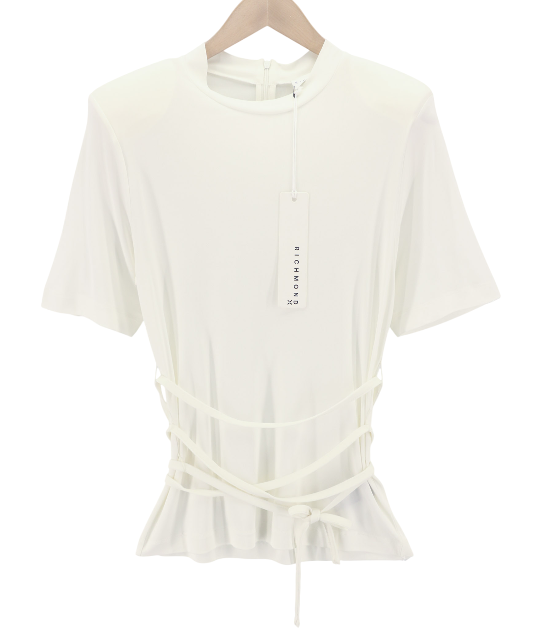 RICHMOND moteriški marškinėliai S dydžio, balkšvi, trumpomis rankovėmis, su dirželiu, užtrauktuku, visiems metų laikams 