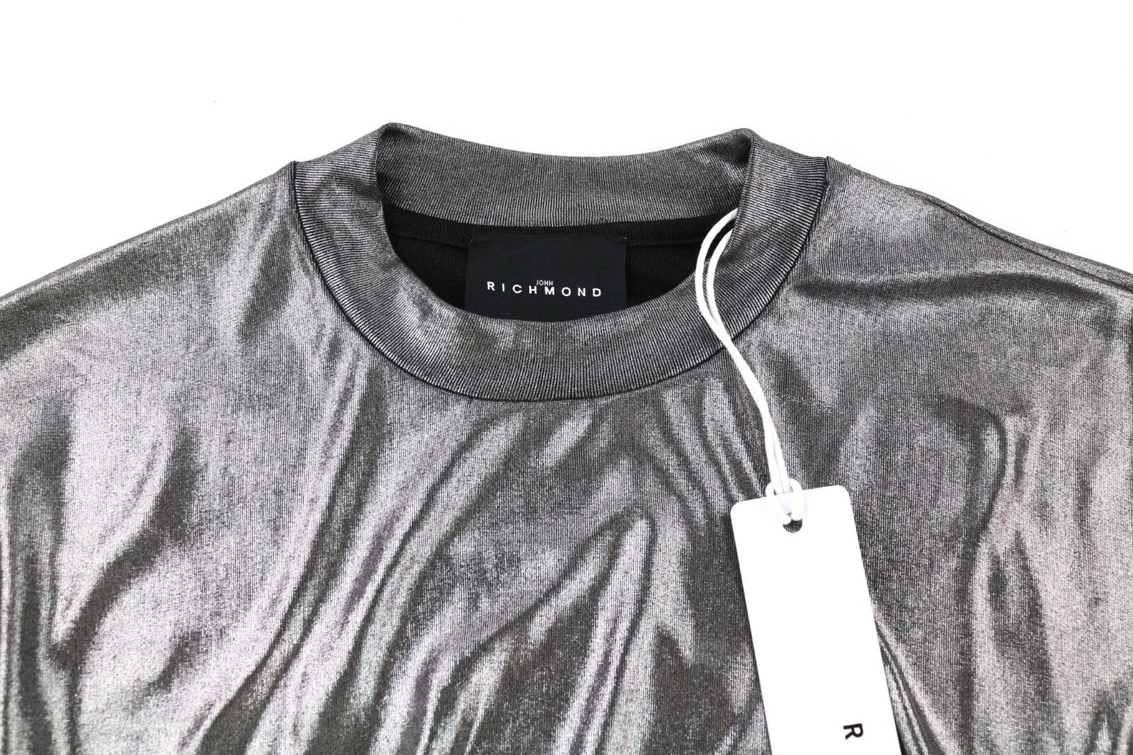 JOHN RICHMOND moteriškos klasikinės ~S suknelės su sidabrinėmis blizgiomis ilgomis rankovėmis, imitacine apykakle ir trumpais dydžiais 