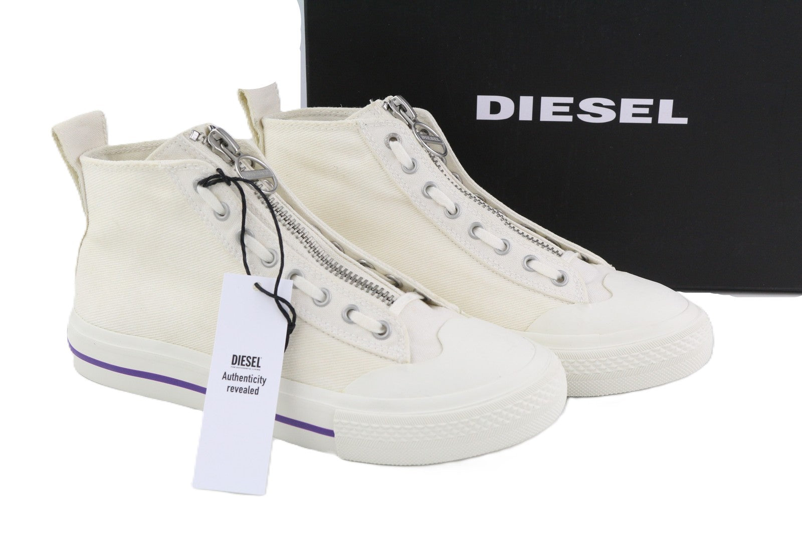 DIESEL S-Astico Mzip moteriški sportbačiai, 39 dydis, balti, užtrauktuku ir migdolų nosimi, kulkšnies link, RRP 180 € 