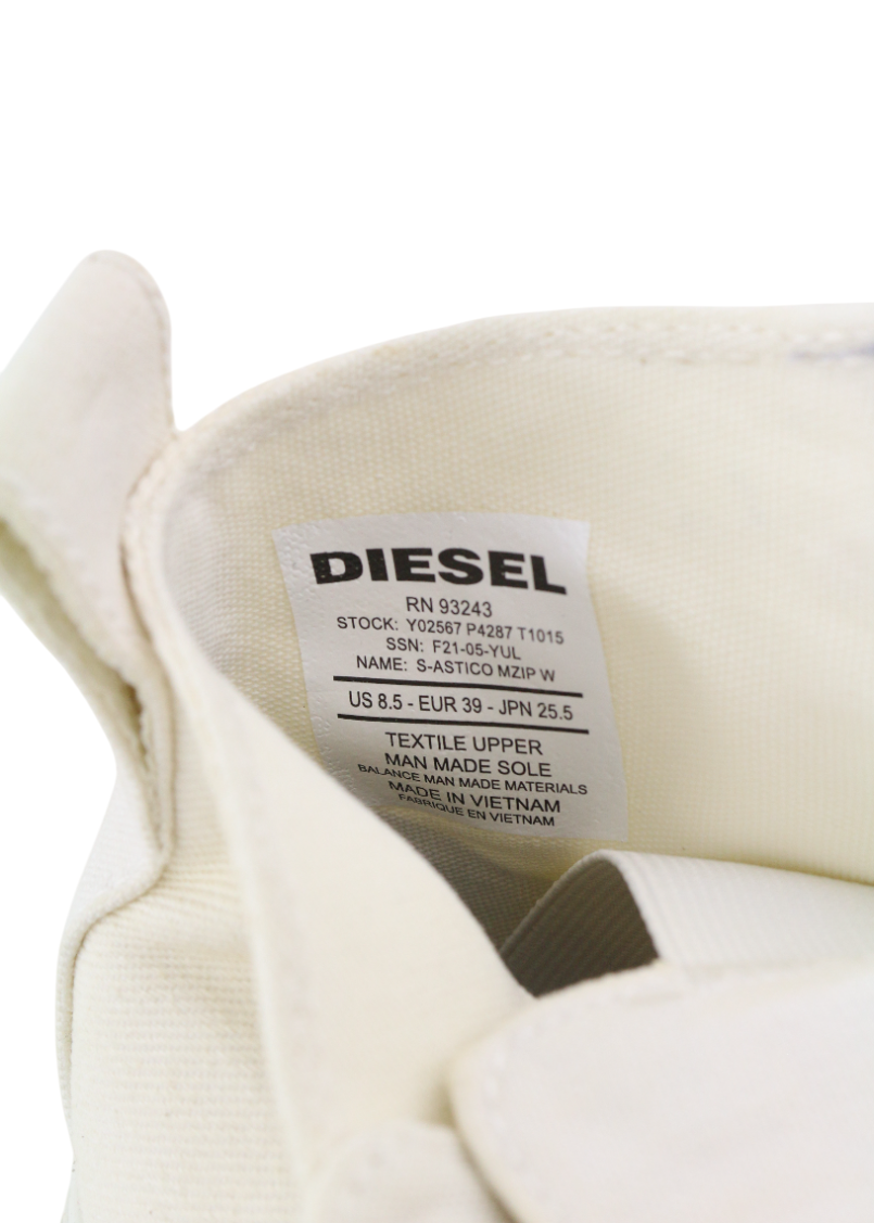 DIESEL S-Astico Mzip moteriški sportbačiai, 39 dydis, balti, užtrauktuku ir migdolų nosimi, kulkšnies link, RRP 180 € 