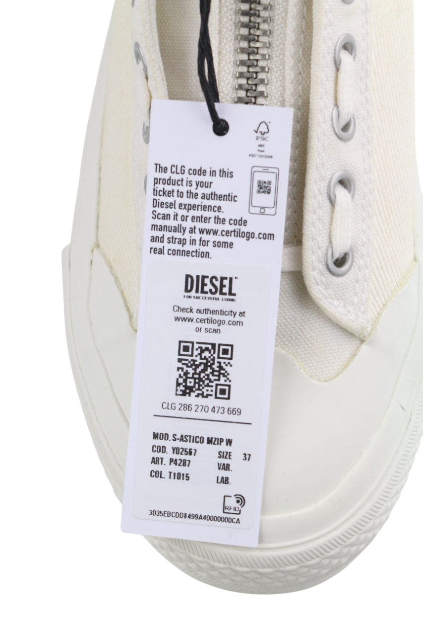 DIESEL S-Astico Mzip moteriški sportbačiai, 37 dydžio, balti, su užtrauktuku ir migdolų nosimi iki kulkšnies. RMK 180 €. 