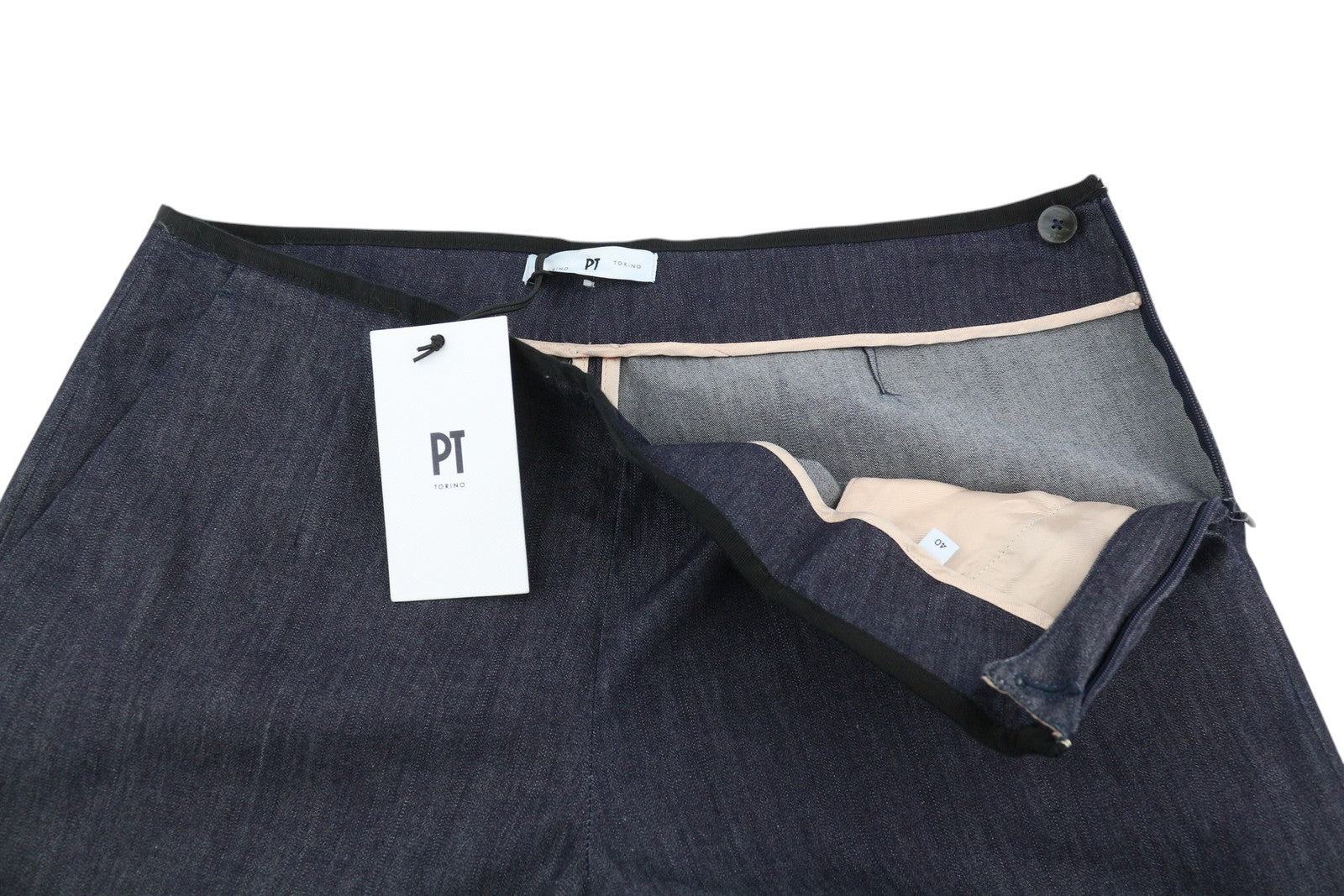 PT TORINO moteriškos kelnės su platėjančiomis kojomis, 40 dydžio, aukštu juosmeniu, užtrauktuku, tamsiai mėlynos 