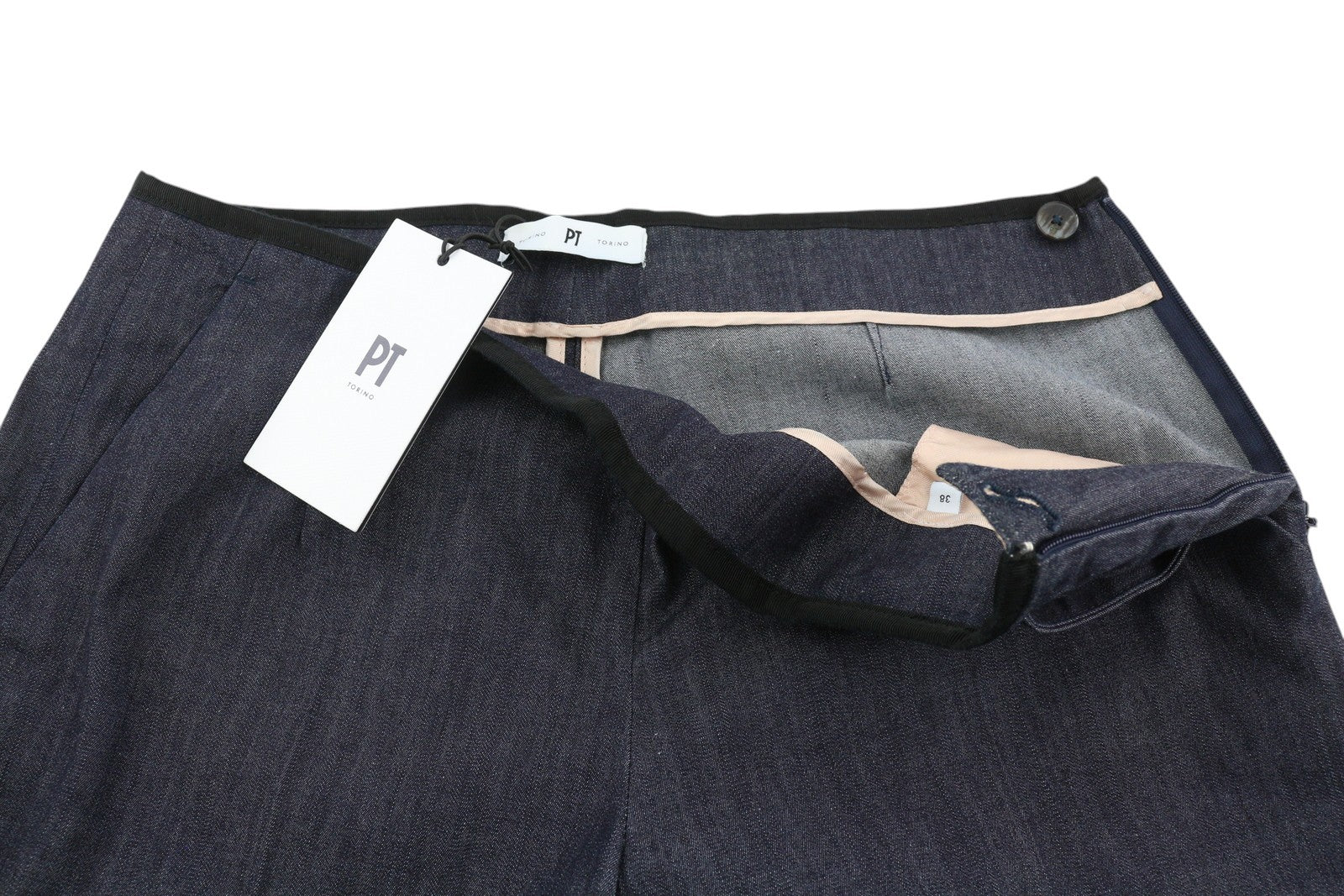 PT TORINO moteriškos kelnės, 38 dydžio, platėjančios klešnės, aukštas juosmuo, užtrauktukas, tamsiai mėlynos 