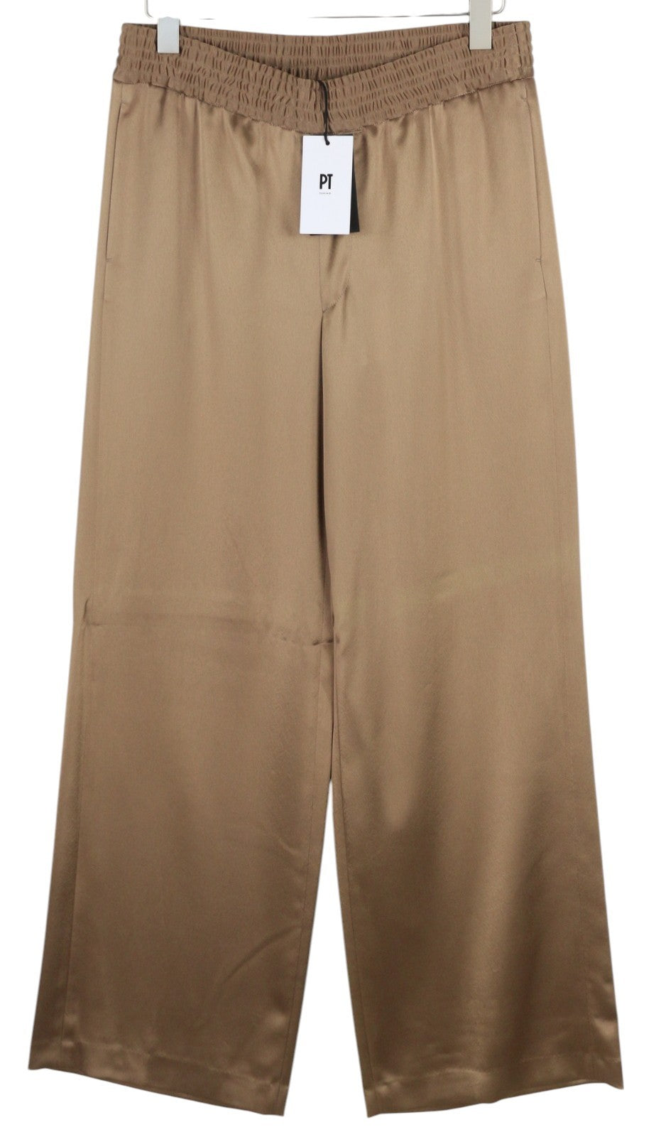 PT TORINO Lydia moteriškos kelnės, 44, rudos, blizgios, tamprios juosmens, platėjančios kišenės kojose. 