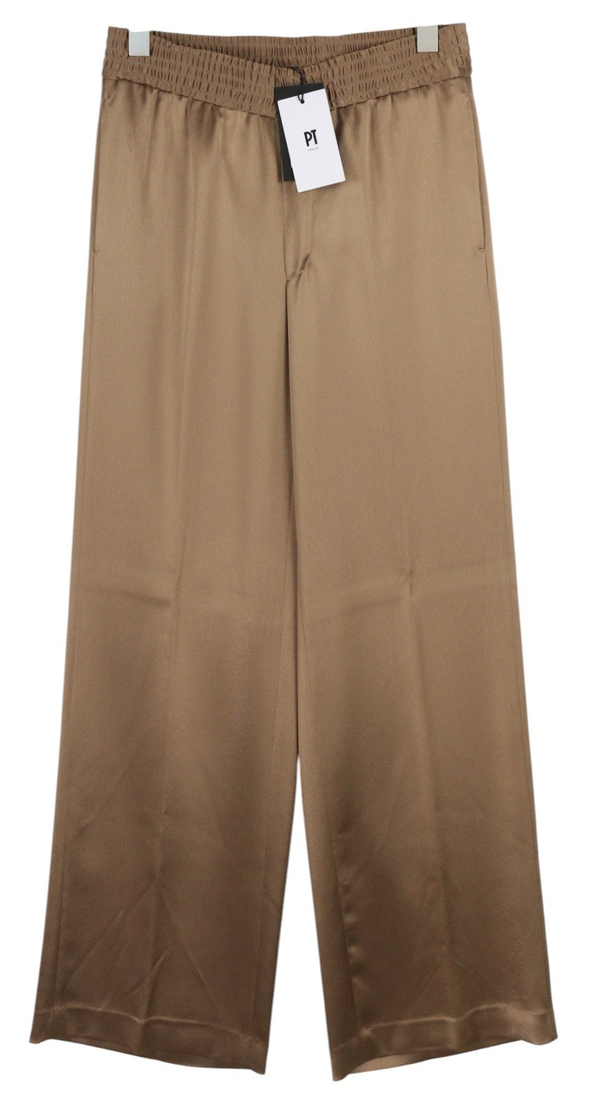 PT TORINO Lydia moteriškos kelnės, 40 dydis, rudos, blizgios, tamprios juosmens, platėjančios kišenės kojose. 