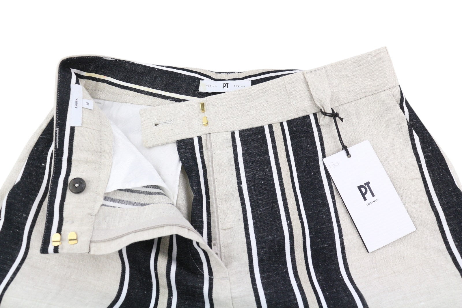 PT TORINO Ambra moteriškos kelnės, 40 cm, lininės, dryžuotos, atverčiamos, šviesios 