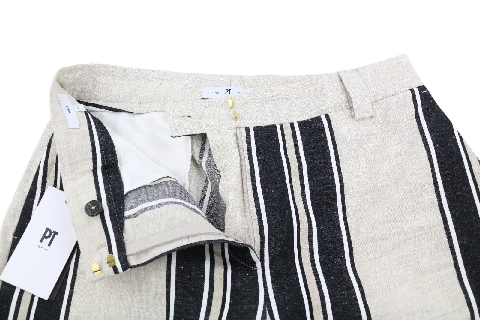 PT TORINO Ambra moteriškos kelnės, 42 cm, lininės, dryžuotos, atverčiamos, šviesios