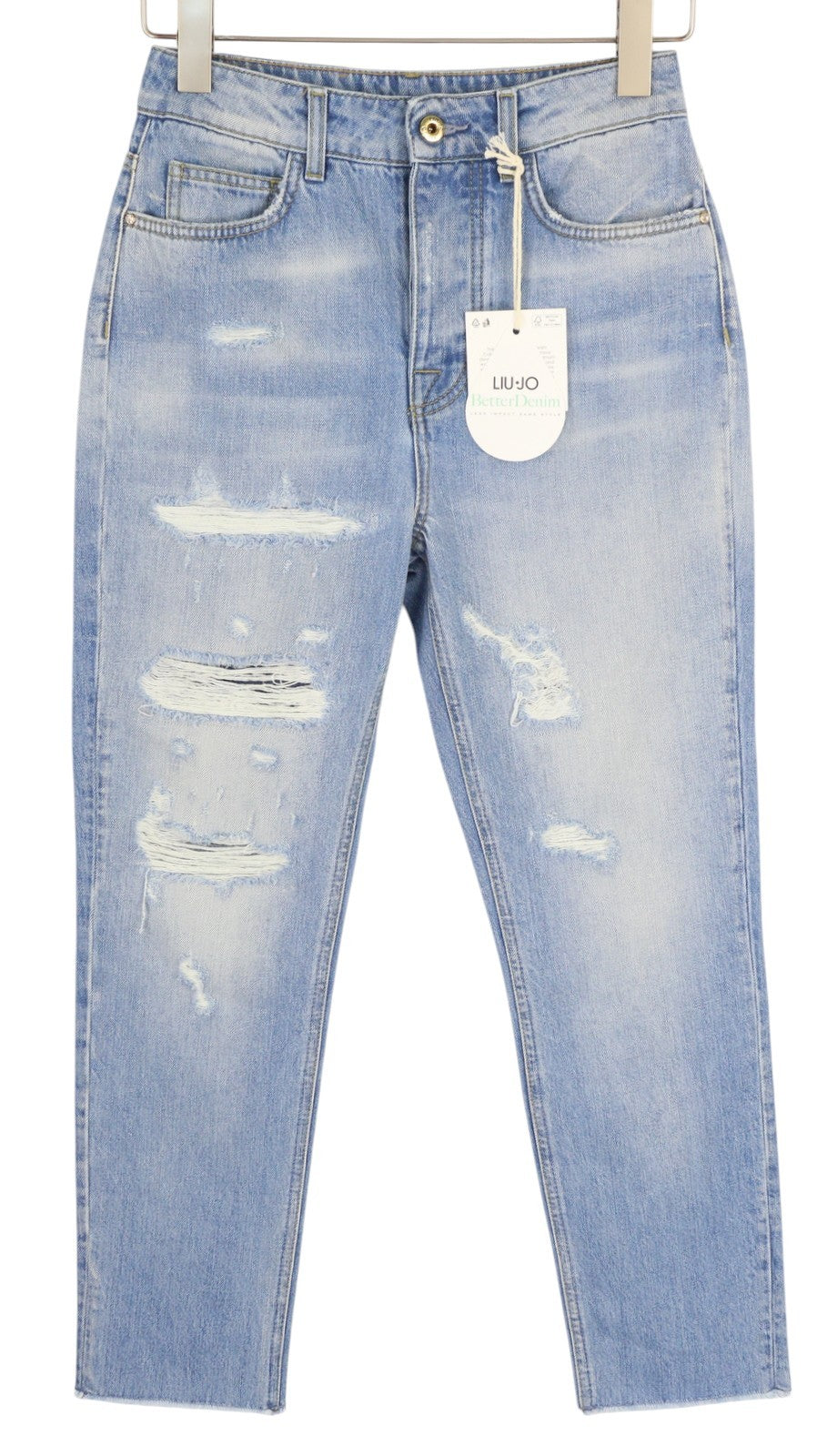 LIU JO Mom Womens Jeans W28  Blue Ripped Distress Ankle Length Slim