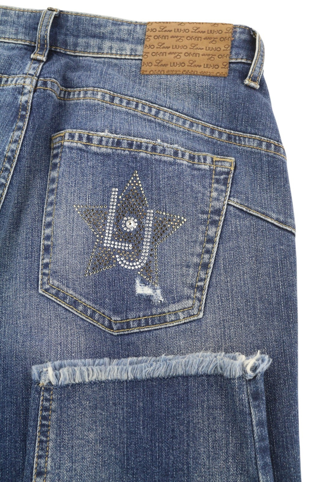 LIU JO Cute Womens Jeans W28 Ripped Distress Rhinestone Ankle Washed Blue