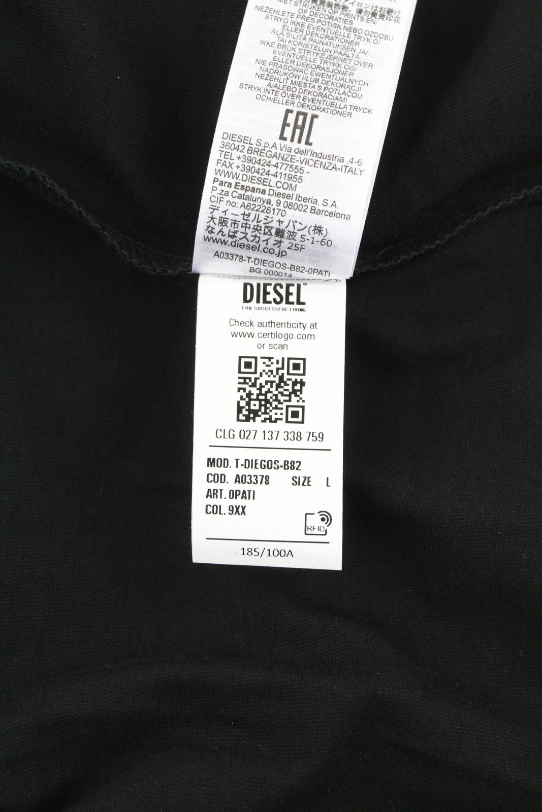 DIESEL T-Diegos-B82 Men T-Shirt L Black Tricot Stretchy Crew Neck Short Sleeve