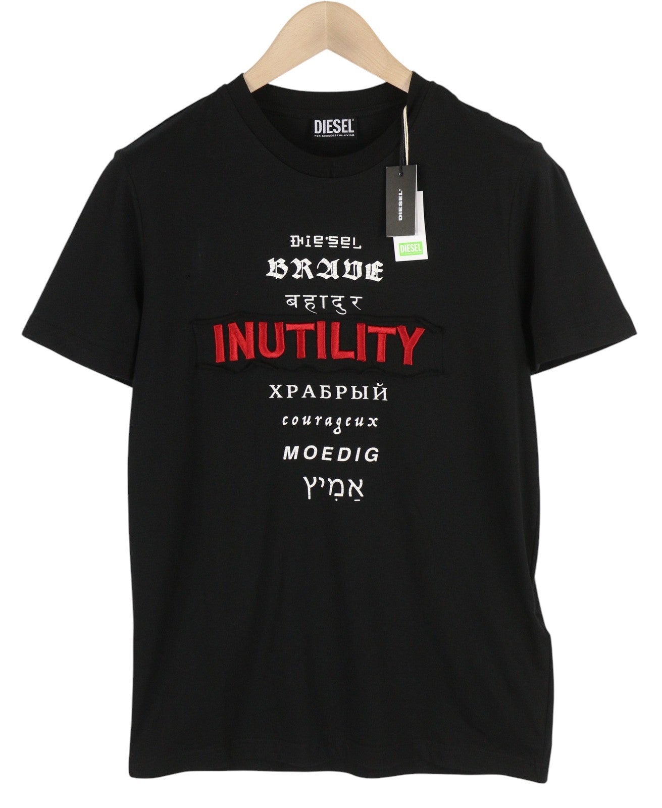 DIESEL T-Diegos-B6 Men T-Shirt S Black Tricot Stretch Embroidered Short Sleeve