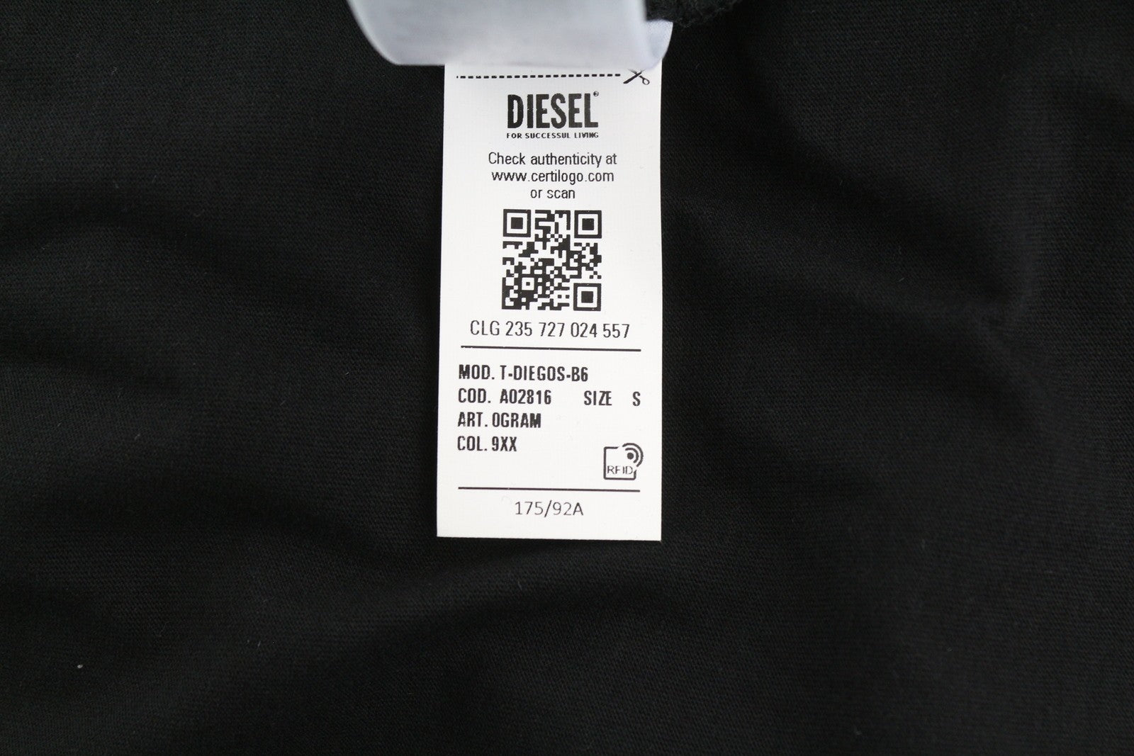 DIESEL T-Diegos-B6 Men T-Shirt S Black Tricot Stretch Embroidered Short Sleeve