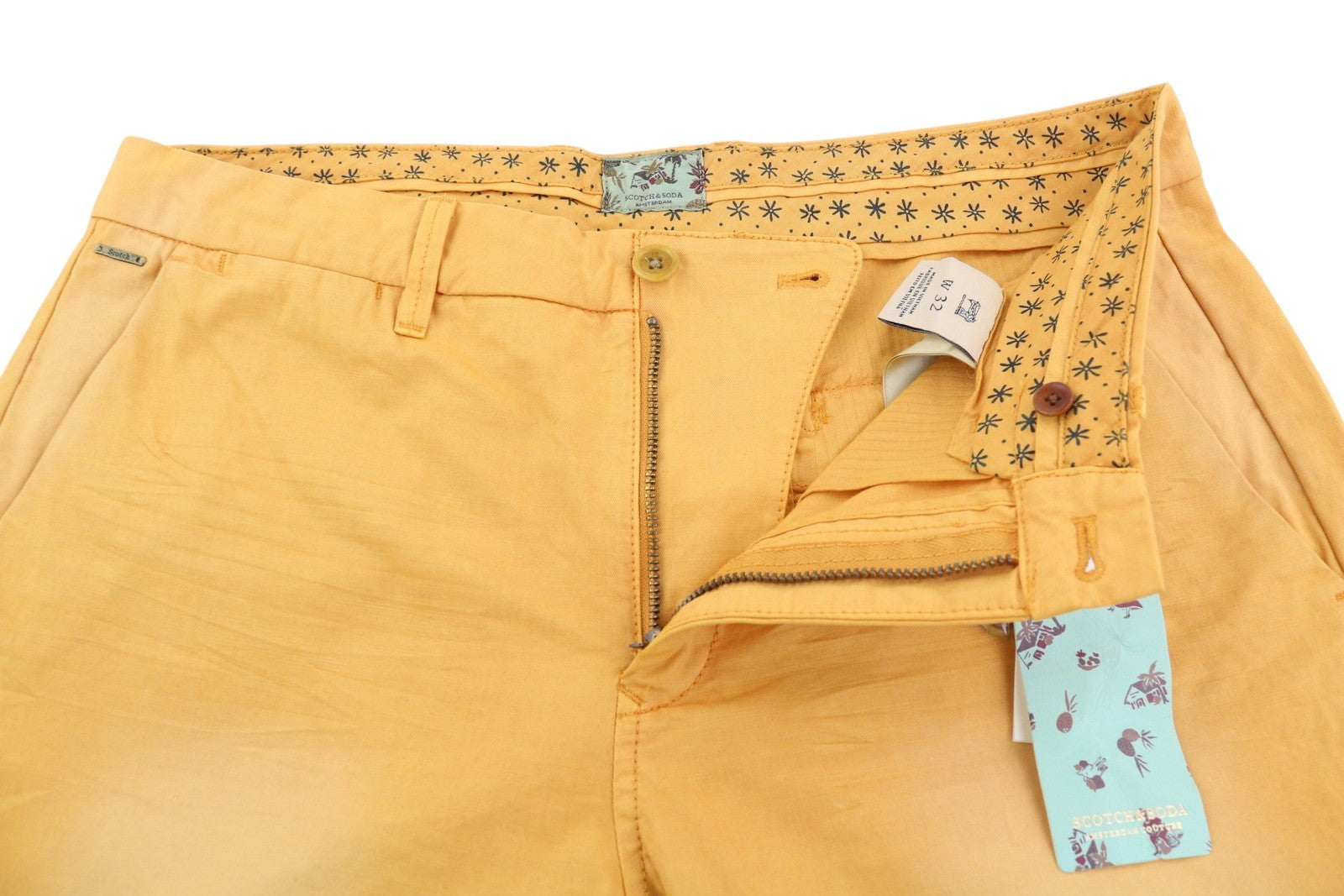 SCOTCH &amp; SODA vyriški šortai W32 Chino, oranžiniai, su atlenkiamu užtrauktuku ir logotipu. 