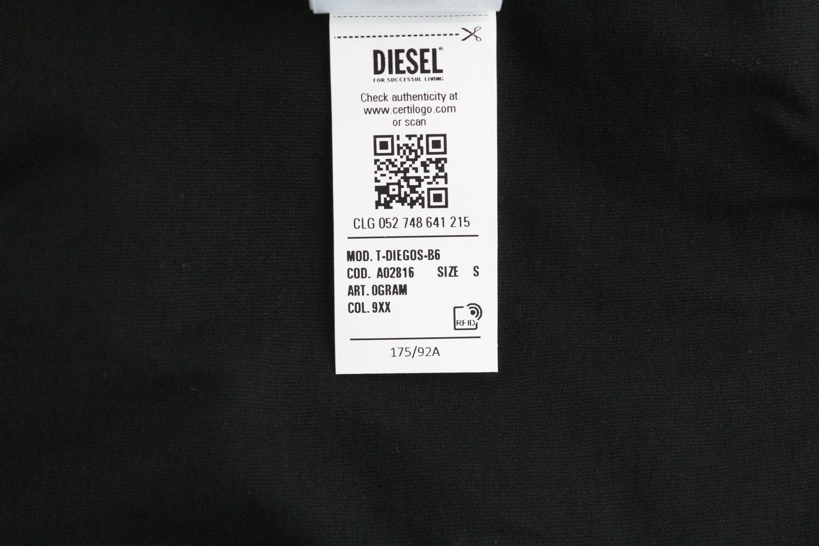 DIESEL T-Diegos-B6 Men T-Shirt S Black Tricot Stretch Crew Neck Short Sleeved