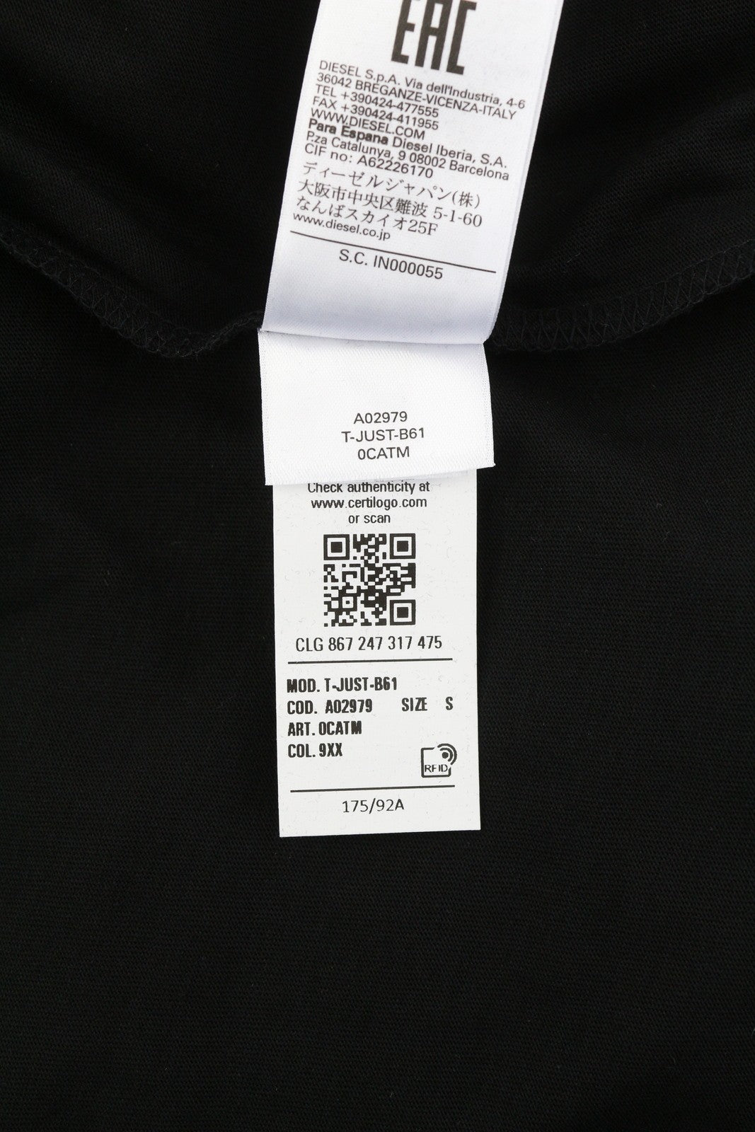 DIESEL T-Just-B61 Men T-Shirt S Black Tricot Stretch Cotton Crew Short Sleeved