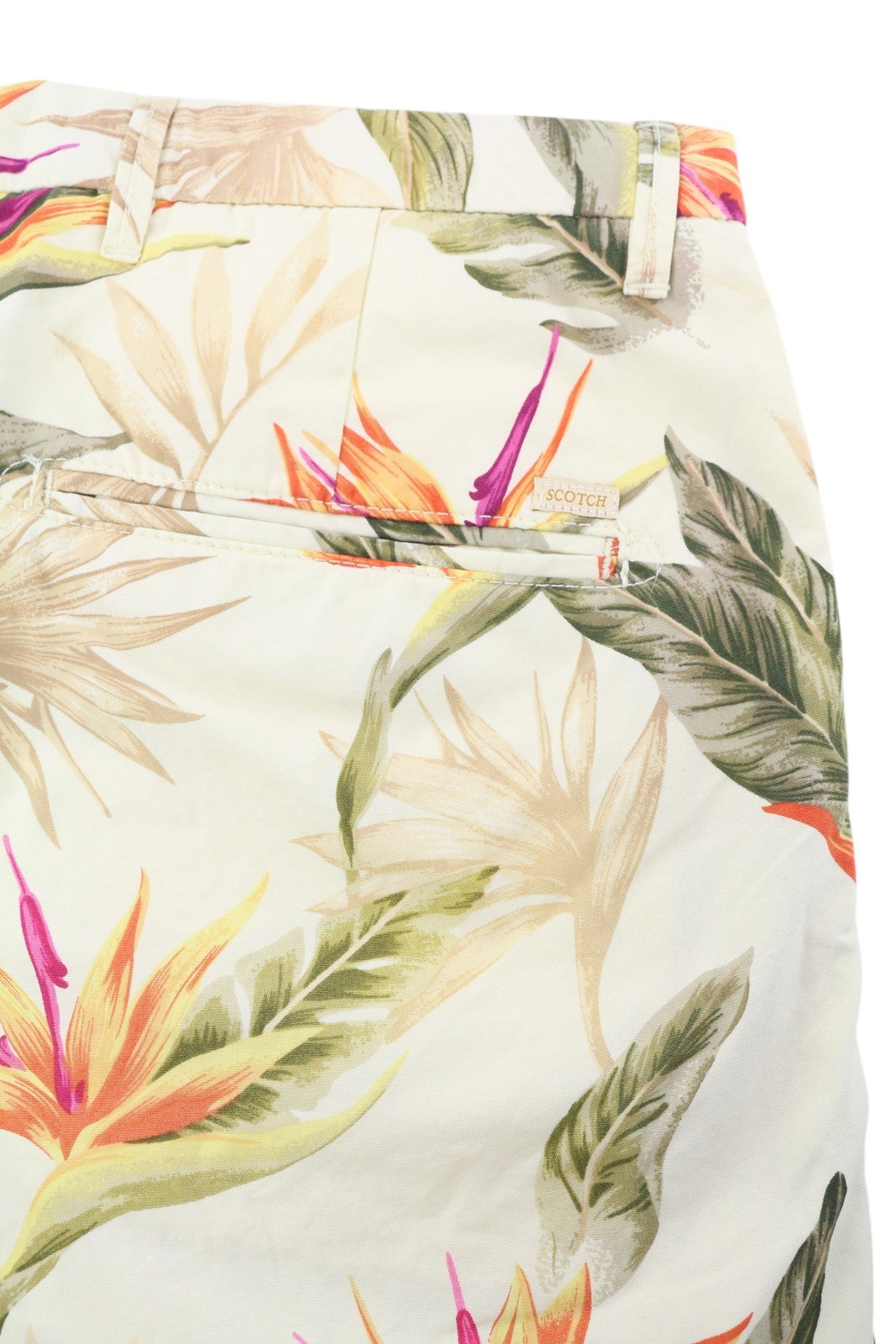 SCOTCH &amp; SODA vyriški šortai W30 Chino su spalvingais lapų raštais, kišenėmis ir logotipu. Laisvalaikio stiliaus.