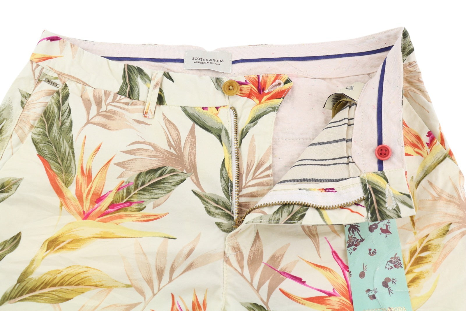 SCOTCH &amp; SODA vyriški šortai W30 Chino su spalvingais lapų raštais, kišenėmis ir logotipu. Laisvalaikio stiliaus.