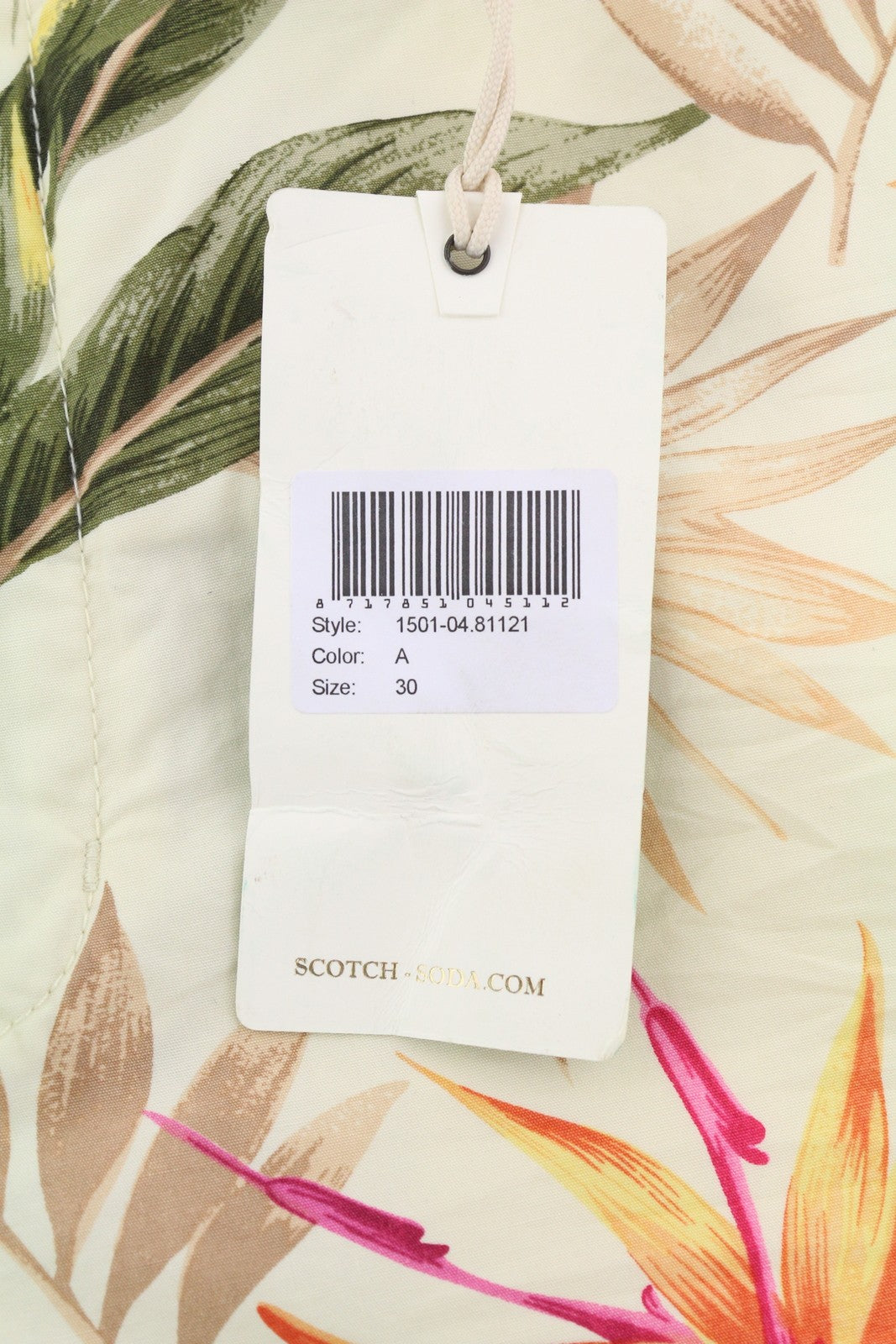 SCOTCH &amp; SODA vyriški šortai W30 Chino su spalvingais lapų raštais, kišenėmis ir logotipu. Laisvalaikio stiliaus.