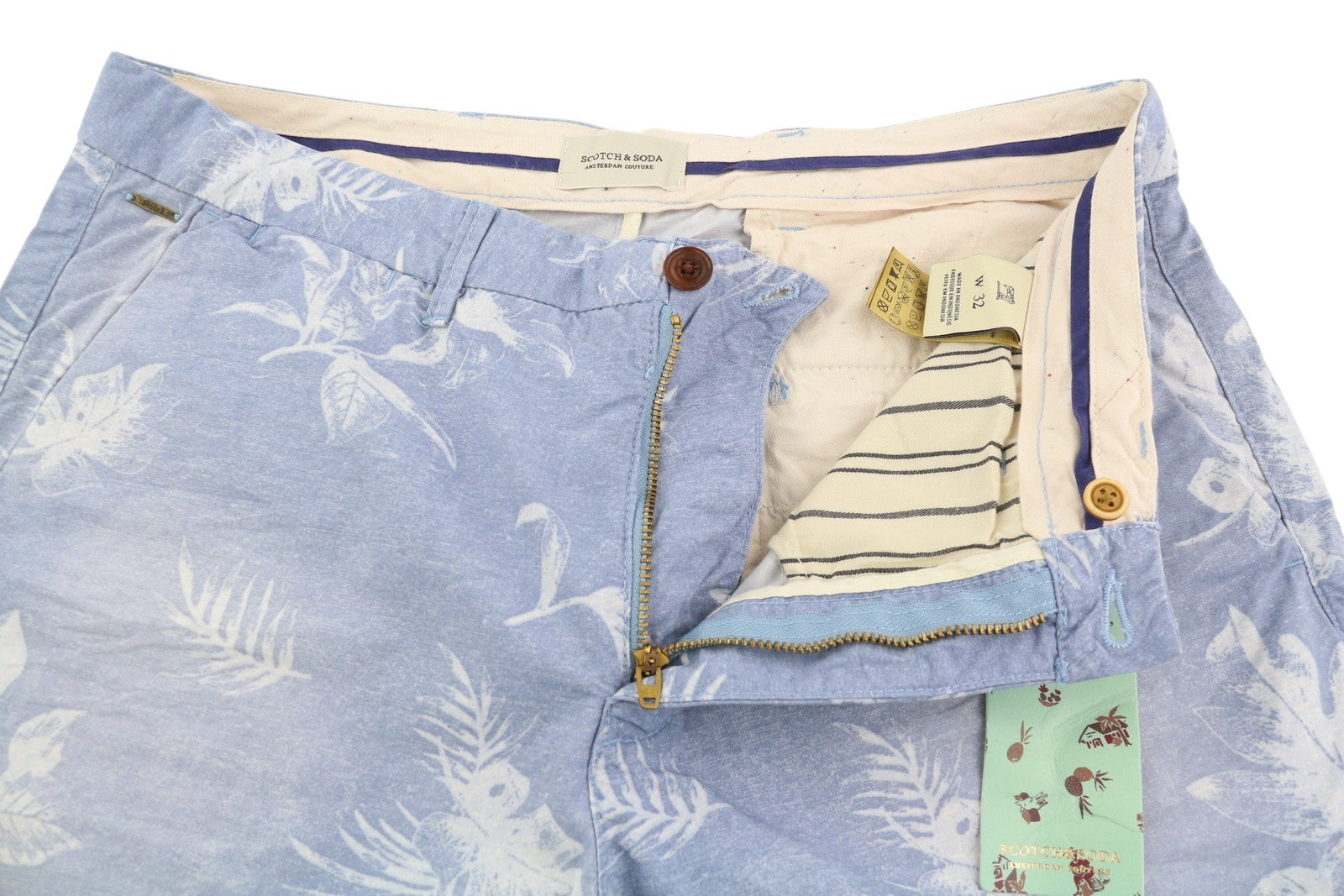 SCOTCH &amp; SODA vyriški šortai W32 Chino su gobtuvu, mėlynais lapais, raštuotais laisvalaikio šviesiais raštais