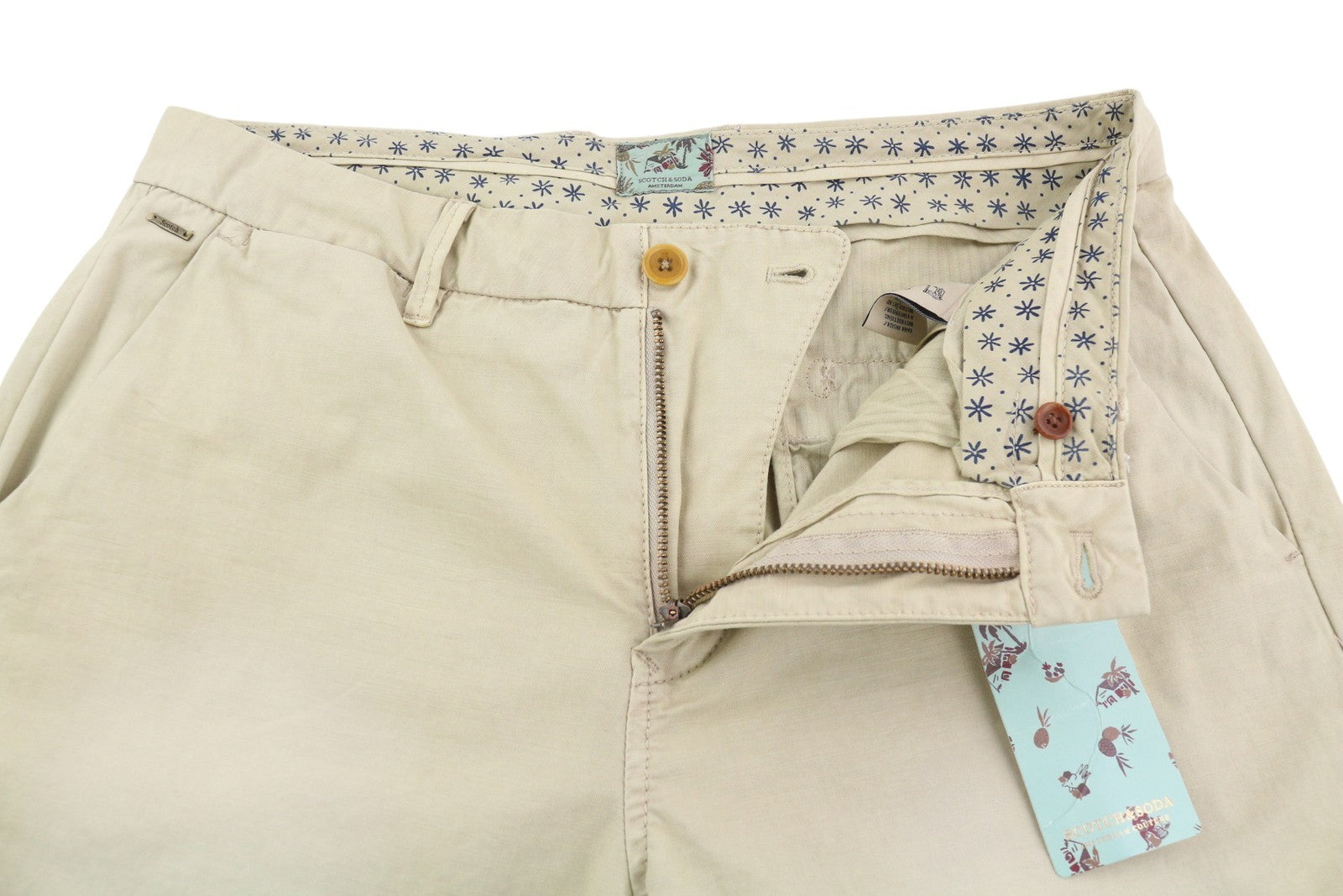 SCOTCH &amp; SODA vyriški šortai W32 Chino, rudi, su atlenkiamu užtrauktuku ir logotipu, laisvalaikio stiliaus. 