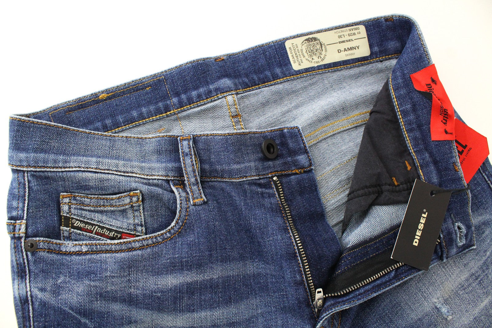 DIESEL D-Amny 086AN vyriški aptempti batai W29/L30, skalbtos mėlynos spalvos, tamprūs, dirbtinai sendinti 