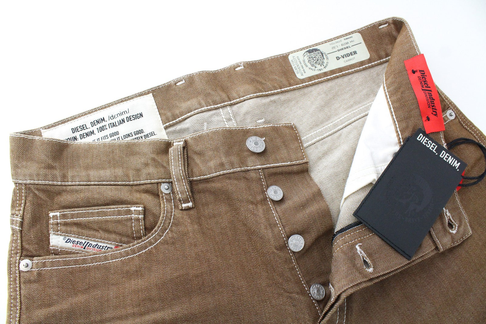 DIESEL D-Vider 069MQ vyriški rudi W29/L32 morkų stiliaus džinsai su sagomis ir tampriu audiniu 