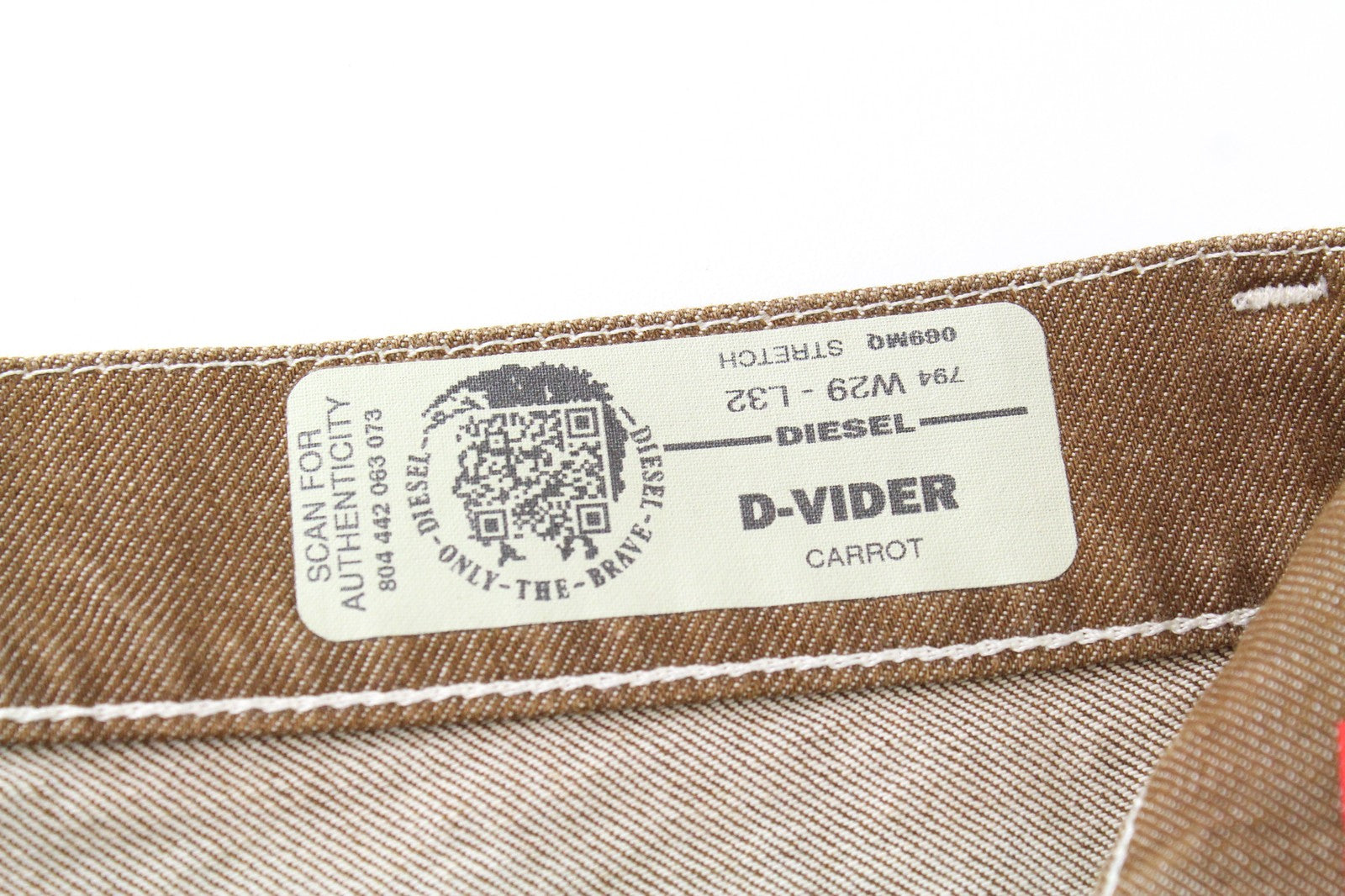 DIESEL D-Vider 069MQ vyriški rudi W29/L32 morkų stiliaus džinsai su sagomis ir tampriu audiniu 