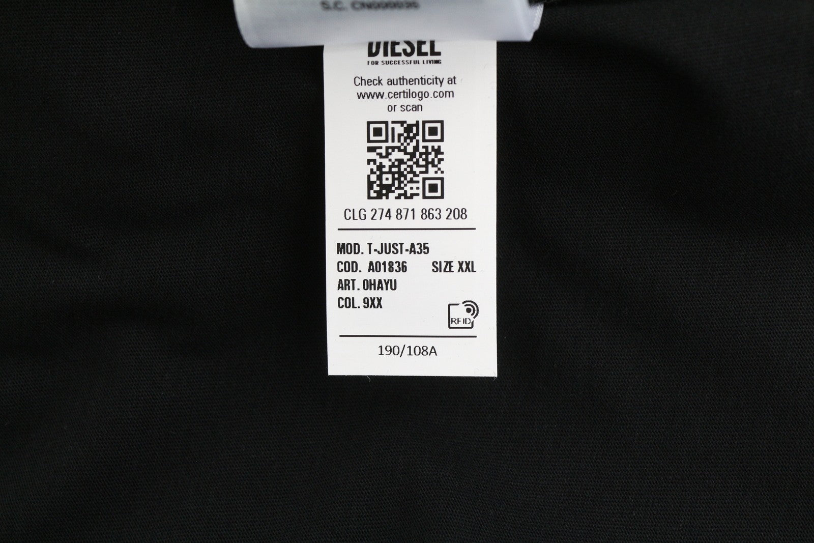 DIESEL T-Just-A35 Mens T-Shirt 2XL Black Short Sleeve Crew Neck  Front