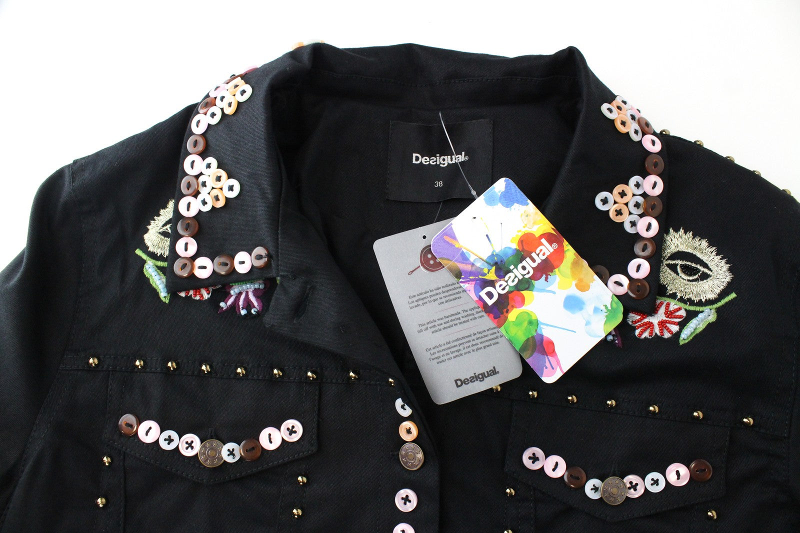 DESIGUAL Chaq Ferrara moteriškas švarkas, 38 dydis, trumpas, siuvinėtas su sagomis, gėlių detalėmis 