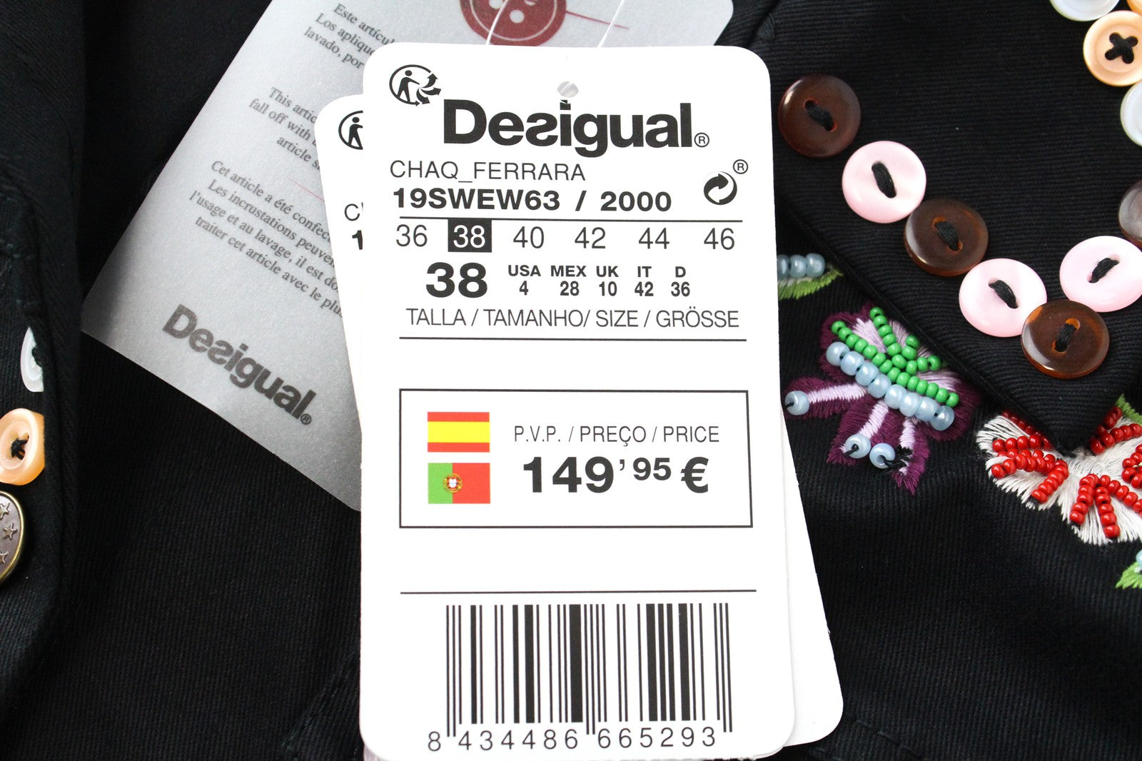 DESIGUAL Chaq Ferrara moteriškas švarkas, 38 dydis, trumpas, siuvinėtas su sagomis, gėlių detalėmis 